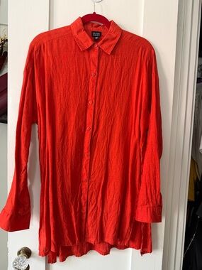 Eileen Fisher Vibrant hot Red/orange 100% Irish linen Long Button-Up Small